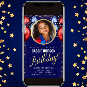 Rood Wit Blauw Ballonnen Kids Verjaardag Uitnodigi Kaart