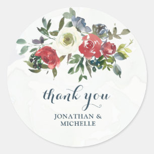 Rood Wit Blauw Bloemen Waterverf Dank u Bruiloft Ronde Sticker