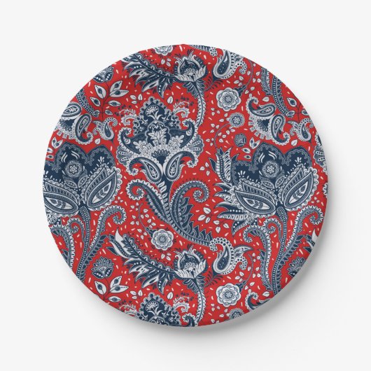 Rood Wit & Blauw Bloemig Paisley Boheemse Boho Papieren Bordje (Voorkant)
