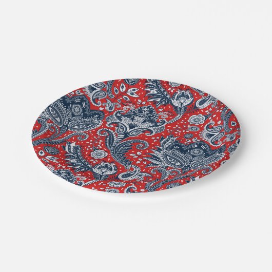 Rood Wit & Blauw Bloemig Paisley Boheemse Boho Papieren Bordje (Gekanteld)