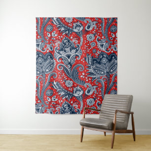 Rood Wit & Blauw Bloemig Paisley Boheemse Boho Wandkleed