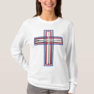 Rood, wit, blauw en zilver gelaagd kruis t-shirt