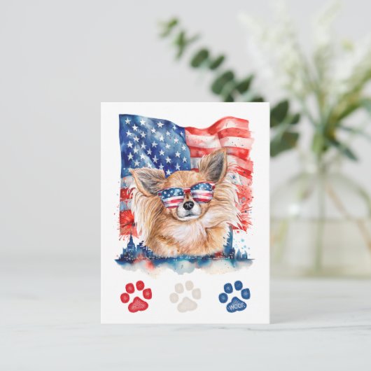 Rood Wit Blauw Lang Haar Chihuahua Hond 4 juli Feestdagenkaart (Staand voorkant)