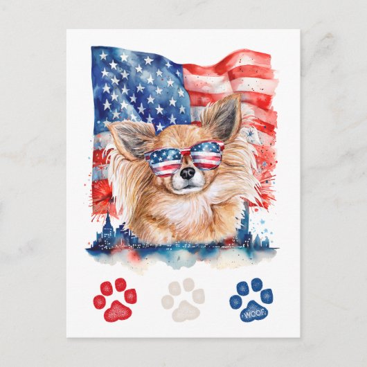 Rood Wit Blauw Lang Haar Chihuahua Hond 4 juli Feestdagenkaart (Voorkant)