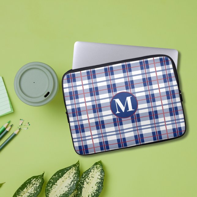Rood, Wit & Blauw Monogram Plaid Laptop Sleeve (Creator heeft geüpload)