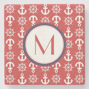 Rood wit blauw nautische ankers wielen monogram stenen onderzetter