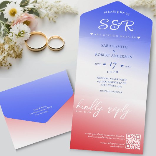 Rood Wit & Blauw Ombre QR Code Bruiloft All In One Uitnodiging