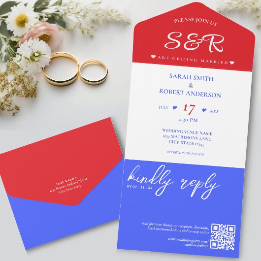 Rood Wit & Blauw QR Code Bruiloft All In One Uitnodiging
