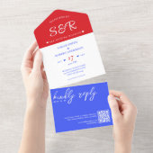 Rood Wit & Blauw QR Code Bruiloft All In One Uitnodiging (Afscheurbaar)
