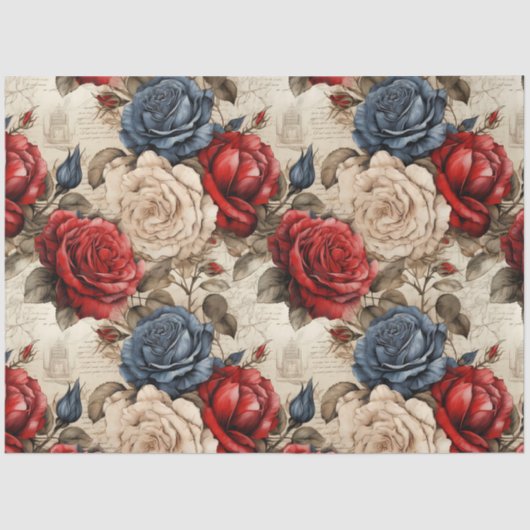 Rood Wit & Blauw Rozen  Geïnspireerd Decoupage Tissuepapier (Voorkant)