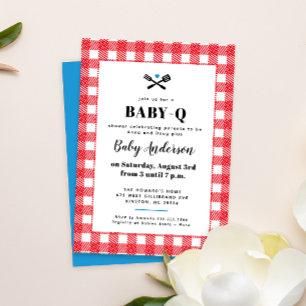 Rood-wit-blauwe geruite Baby-Q-showeruitnodiging Kaart