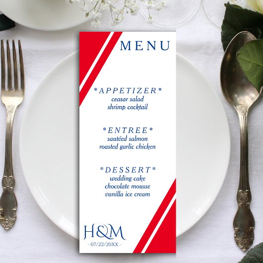 Rood Wit & Blauwe Streep Bruiloft Receptie Menu