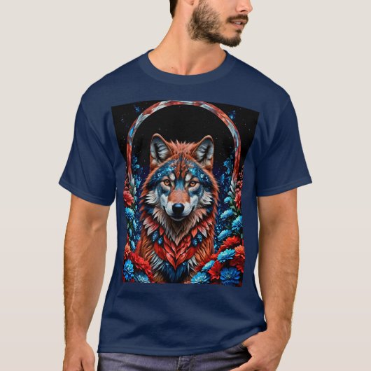 Rood, wit, blauwe wolf t-shirt (Voorkant)