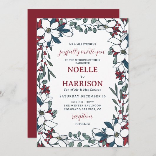 Rood Wit Bloemen Formele Kerstbruiloft Kaart (Voorkant / Achterkant)