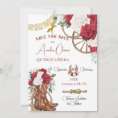 Rood Wit Bloemen Wild West Charro Quinceañera XV Save The Date (Voorkant)