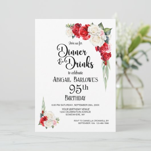Rood wit bloemendiner en Drinken 95e verjaardag Kaart (Staand voorkant)