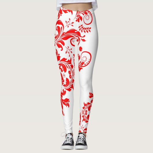 Rood & Wit Bloemenkant Asymmetrisch Ontwerp Leggings (Voorkant)