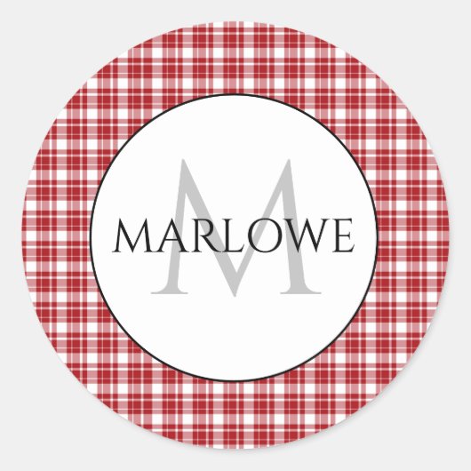 Rood wit cheques geplakt monogram ronde sticker (Voorkant)