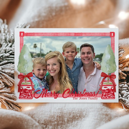 Rood & Wit Chinoiserie Topiary Kerstfoto Feestdagenkaart