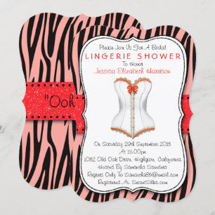 Rood & wit corset op Zebra Print Lingerie Shower Kaart