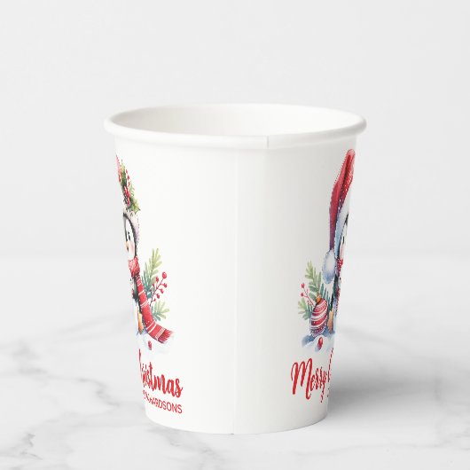 Rood Wit Custom Schattigee Pinguïn Vrolijk Kerstfe Papieren Bekers (Rechts)