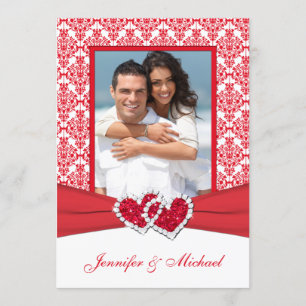Rood & wit Damask & Hearts Fotouitnodiging Kaart