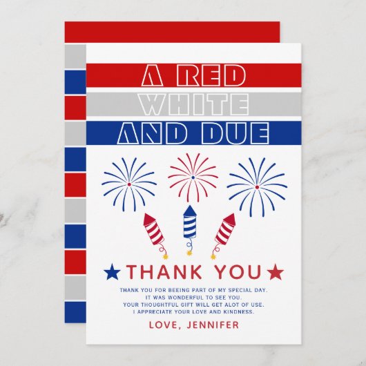 Rood Wit Due 4th van juli vuurwerk baby shower Bedankkaart (Voorkant / Achterkant)