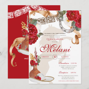 Rood wit Elegant Roos Charro Mariachi Quinceanera Kaart
