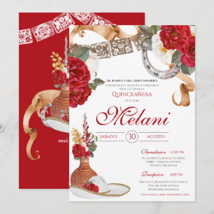 Rood wit Elegant Roos Charro Mariachi Quinceanera Kaart