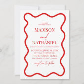 Rood Wit Elegant Wavy Border Wedding Kaart (Voorkant)