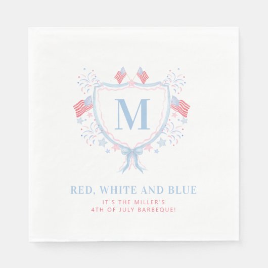 Rood, Wit en Blauw 4 juli BBQ Monogram Crest Servet (Voorkant)