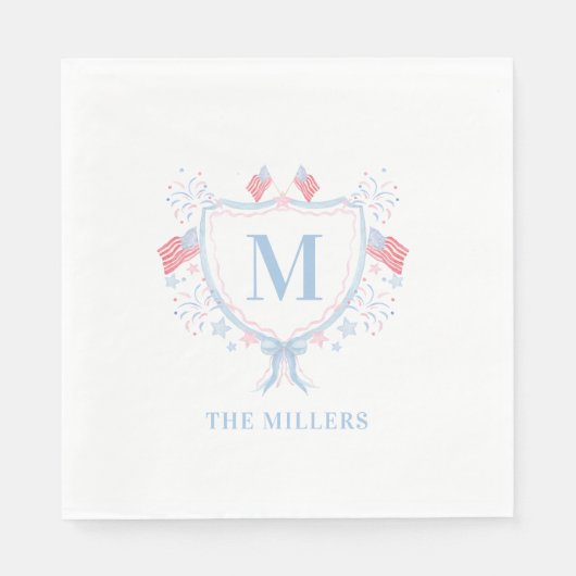 Rood, Wit en Blauw 4 juli Monogram Crest Servet (Voorkant)