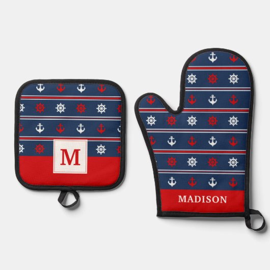 Rood wit en blauw autisch patroon ovenwant & pannenlap set (Voorkant)