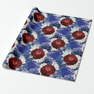 Rood, Wit en Blauw Bloemmotief USA Patroon Cadeaupapier