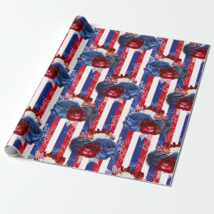 Rood, Wit en Blauw Bloemmotief USA Patroon Cadeaupapier