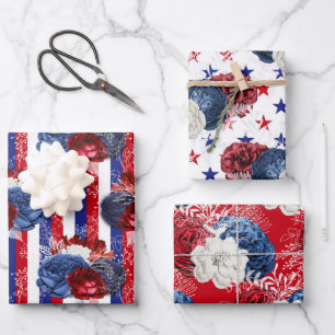 Rood, Wit en Blauw Bloemmotief USA Patroon Inpakpapier Vel
