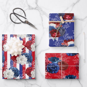 Rood, Wit en Blauw Bloemmotief USA Patroon Inpakpapier Vel