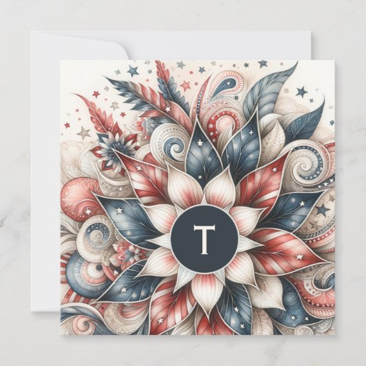 Rood Wit en Blauw Feestelijke Monogram Platte Kaar (Voorkant)