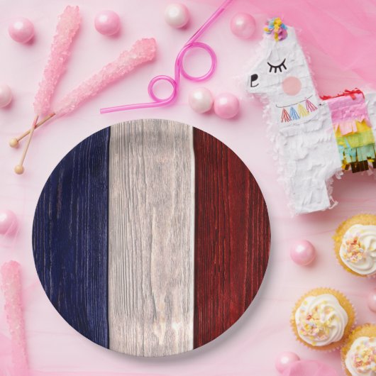 Rood, wit en blauw gestreept hout papieren bordje (Feest)