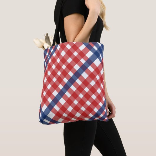 Rood, Wit en Blauw Gingham Plaid Draagtas (Dichtbij)