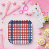 Rood Wit en Blauw Gingham Plaid Papieren Bordje (Feest)