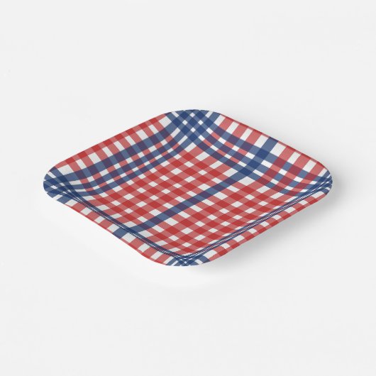 Rood Wit en Blauw Gingham Plaid Papieren Bordje (Gebogen)
