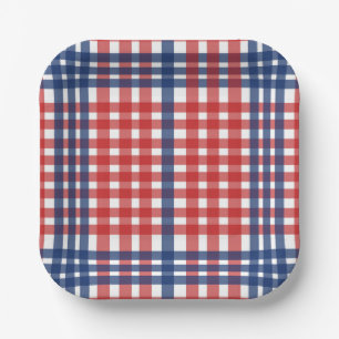 Rood Wit en Blauw Gingham Plaid Papieren Bordje