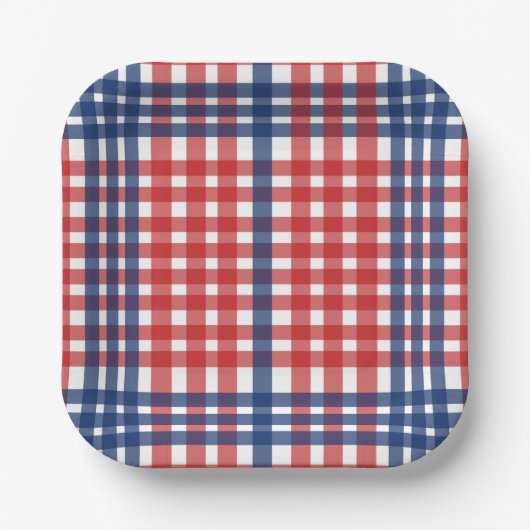 Rood Wit en Blauw Gingham Plaid Papieren Bordje (Voorkant)