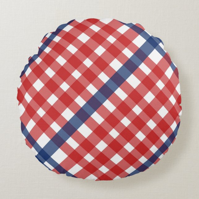 Rood Wit en Blauw Gingham Plaid Rond Kussen (Voorkant)