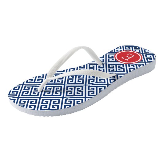 Rood wit en blauw Grieks sleutelmonogram Teenslippers (Schuin)