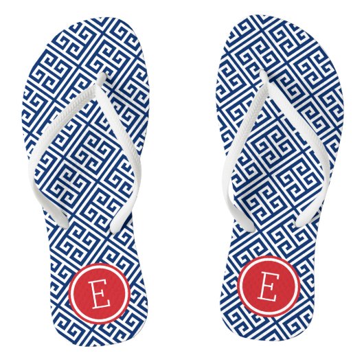 Rood wit en blauw Grieks sleutelmonogram Teenslippers (Voetbed)