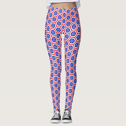 Rood wit en blauw hexagon patroon leggings (Voorkant)