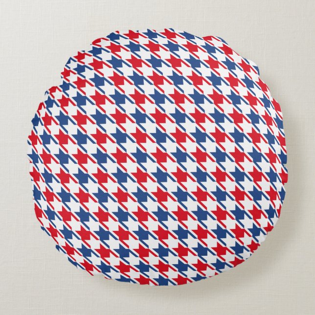 Rood wit en blauw Houndstooth Pattern Rond Kussen (Voorkant)