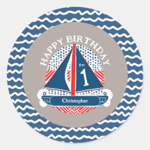Rood wit en blauw nautische zeilboot verjaardag ronde sticker
